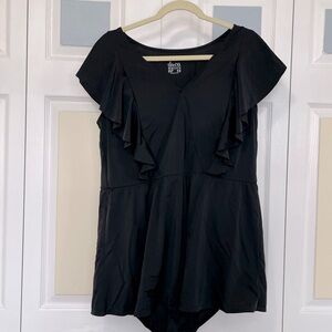 Denim&Co Black Flutter Sleeve Skirted One Piece Bathing Suit Black Plus Size 22W